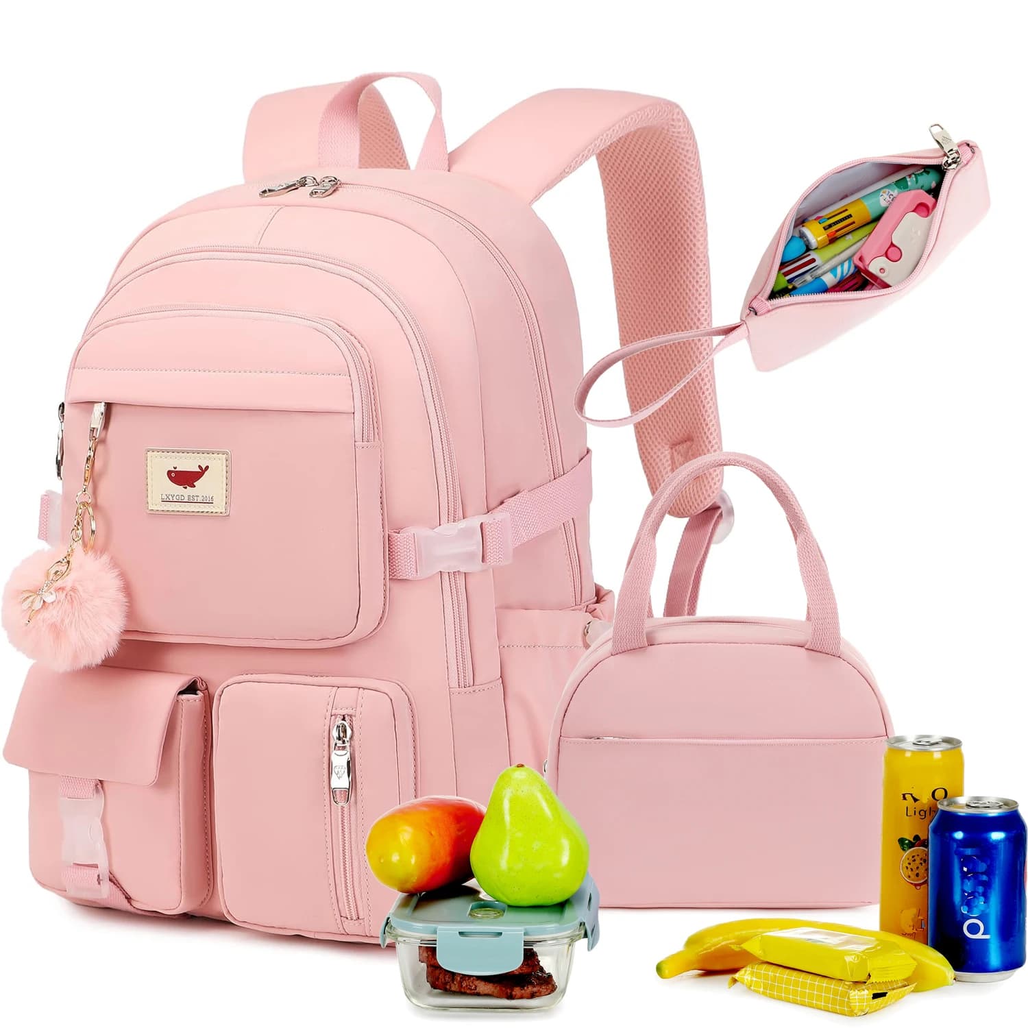 Zaino per laptop Borsa da scuola media elementare da 15,6 pollici Zaini universitari con portapranzo Astuccio per matite Set da 3 pezzi Bookb da viaggio