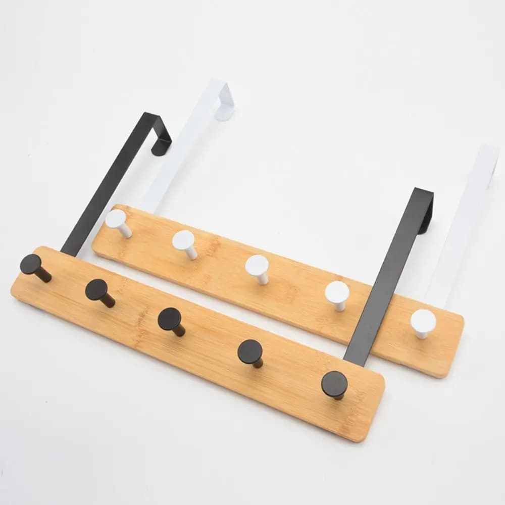 6 Hooks Over The Door Hooks Matte Metal Brackets Natural Bamboo Clothes Rack Stable Structure Smooth Surface Towel Hanger
