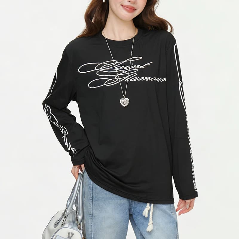 T-shirt alla Moda con Stampa Lettering, Collo Tondo, Stile Casual Europeo e Americano, Estetica Harajuku, Pullover Streetwear