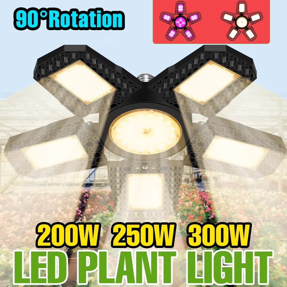 Lampada LED per Coltivazione a Spettro Completo 300W E27/E26, Luce Pieghevole per Piante da Interno, Illuminazione per Serre e Tende, per Semi, Vegetali e Fiori