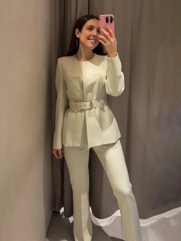 HH Women Fashion Long Sleeve Button With Belt Suit Jacket+High Waist Slim O-Neck Zipper Pockets Pants Solid 2-Piece Set
