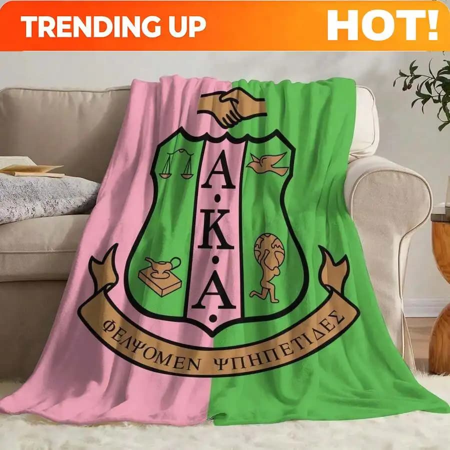 Customize AKA Sisters Pink Green Flannel Blanket - Soft All-Season Comfortable Blanket With Greek Letters, Wings Of Justice, And