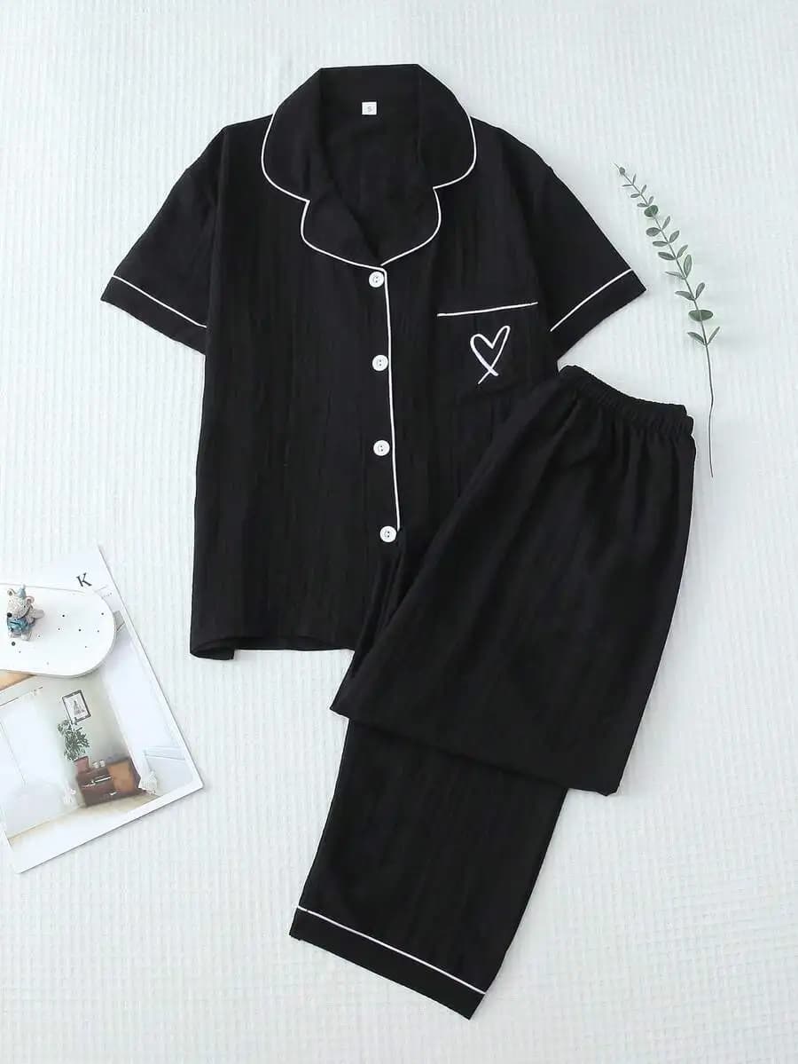 2pcs Women Solid Color Autumn Contrast Trim Collar Pocket Heart Decor Button Front Top And Bowknot Pants Pajama Loungewear Set,