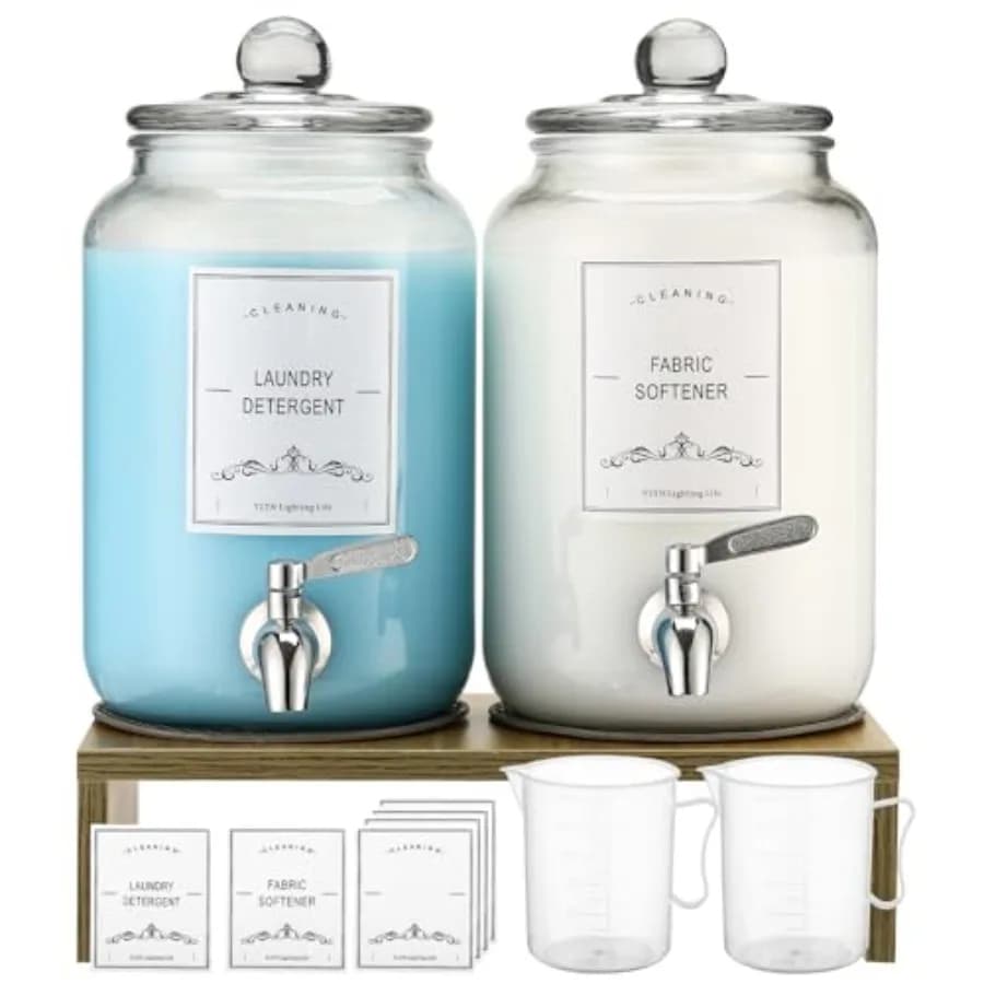 Set di 2 Dispenser in Vetro per Detersivo con Supporto, 106oz, Dispenser in Vetro Antigoccia per Ammorbidente - Dispenser per Sapone da Bucato