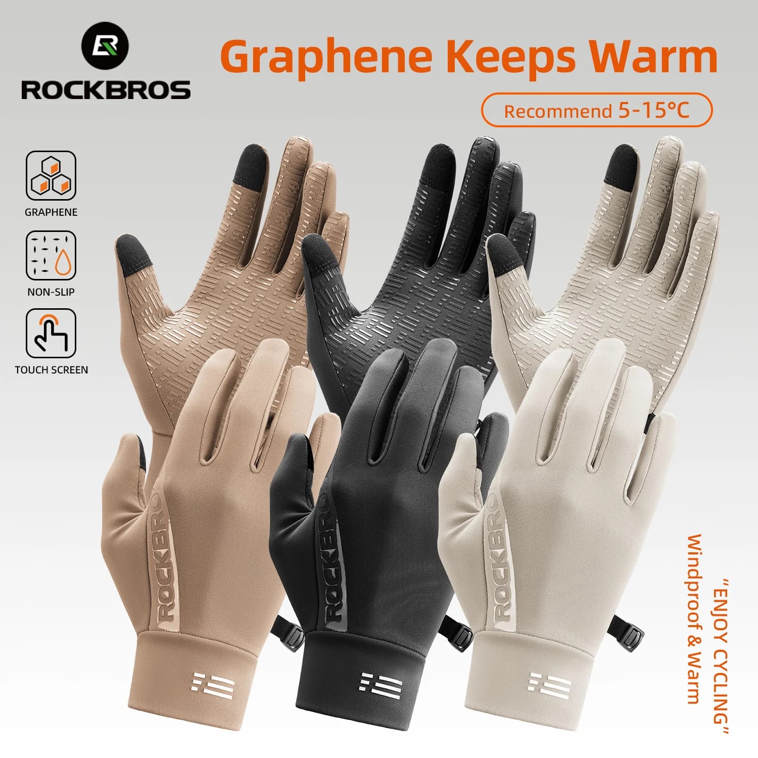 Guanti da Ciclismo ROCKBROS Invernali e Autunnali con Grafene, Caldi, Antiscivolo, Touch Screen, Antivento, a Dita Intere per Moto