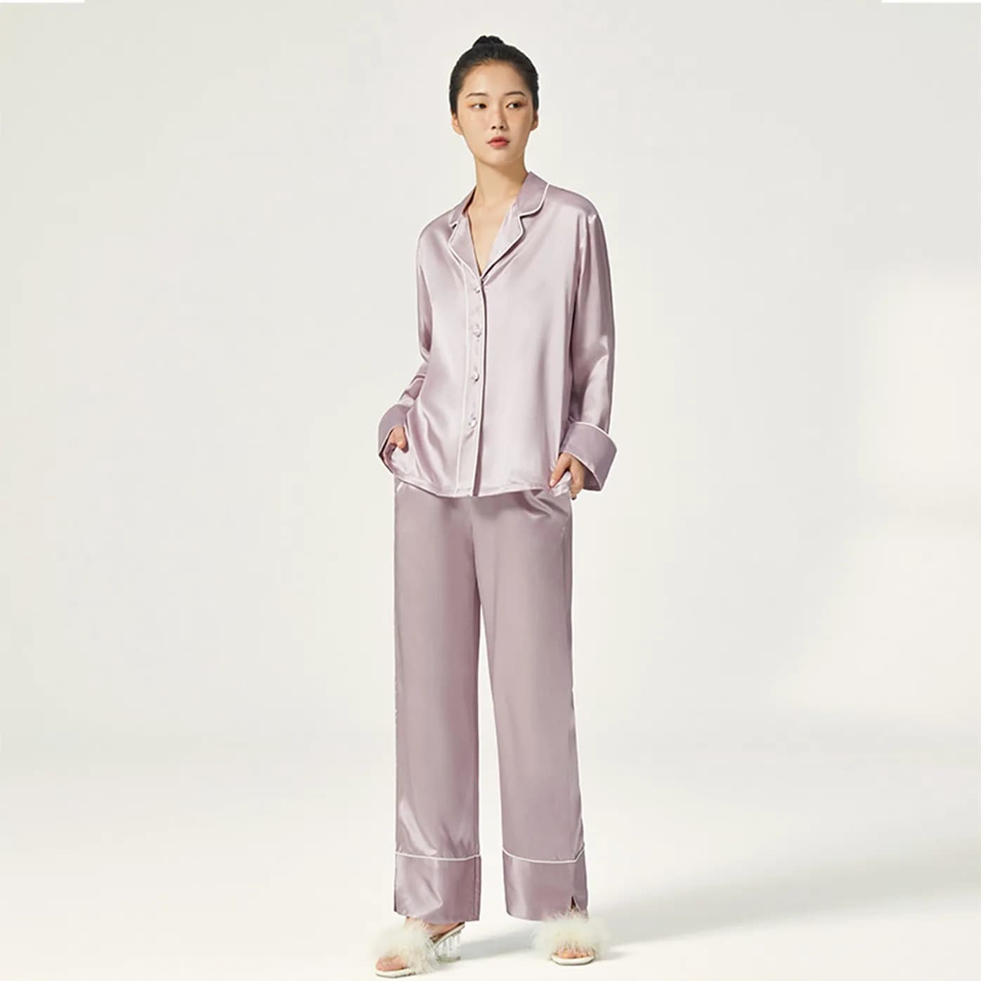 Pigiama in pura seta da donna, tinta unita, con bottoni, elegante, antibatterico, casual, per la primavera estate.