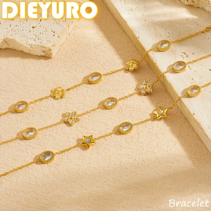 DIEYURO 316L Acciaio Inossidabile Moda Bianco Ovale Zircone Stella Fiore Bracciale Donna Tendenza Impermeabile Catena a Mano Regalo di Gioielli