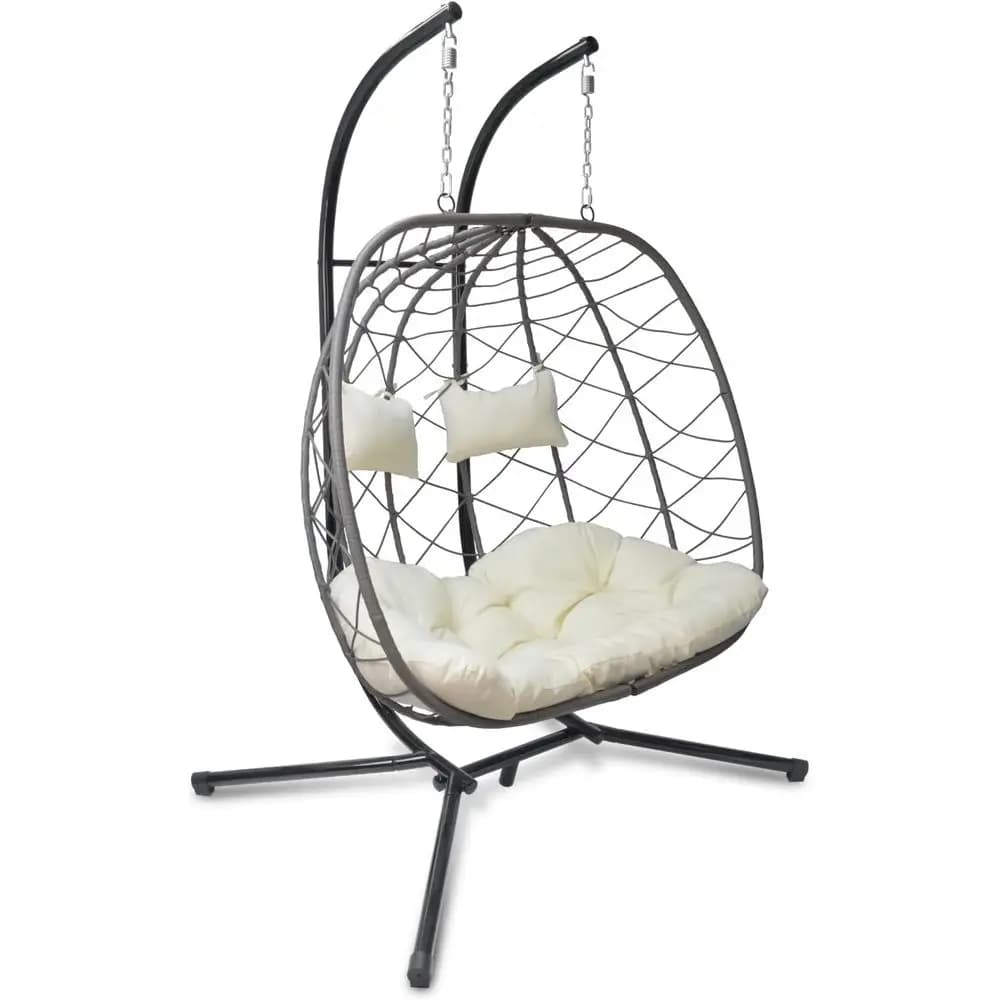 Sedia a dondolo in vimini per 2 persone con supporto e cuscino per patio, giardino o camera da letto