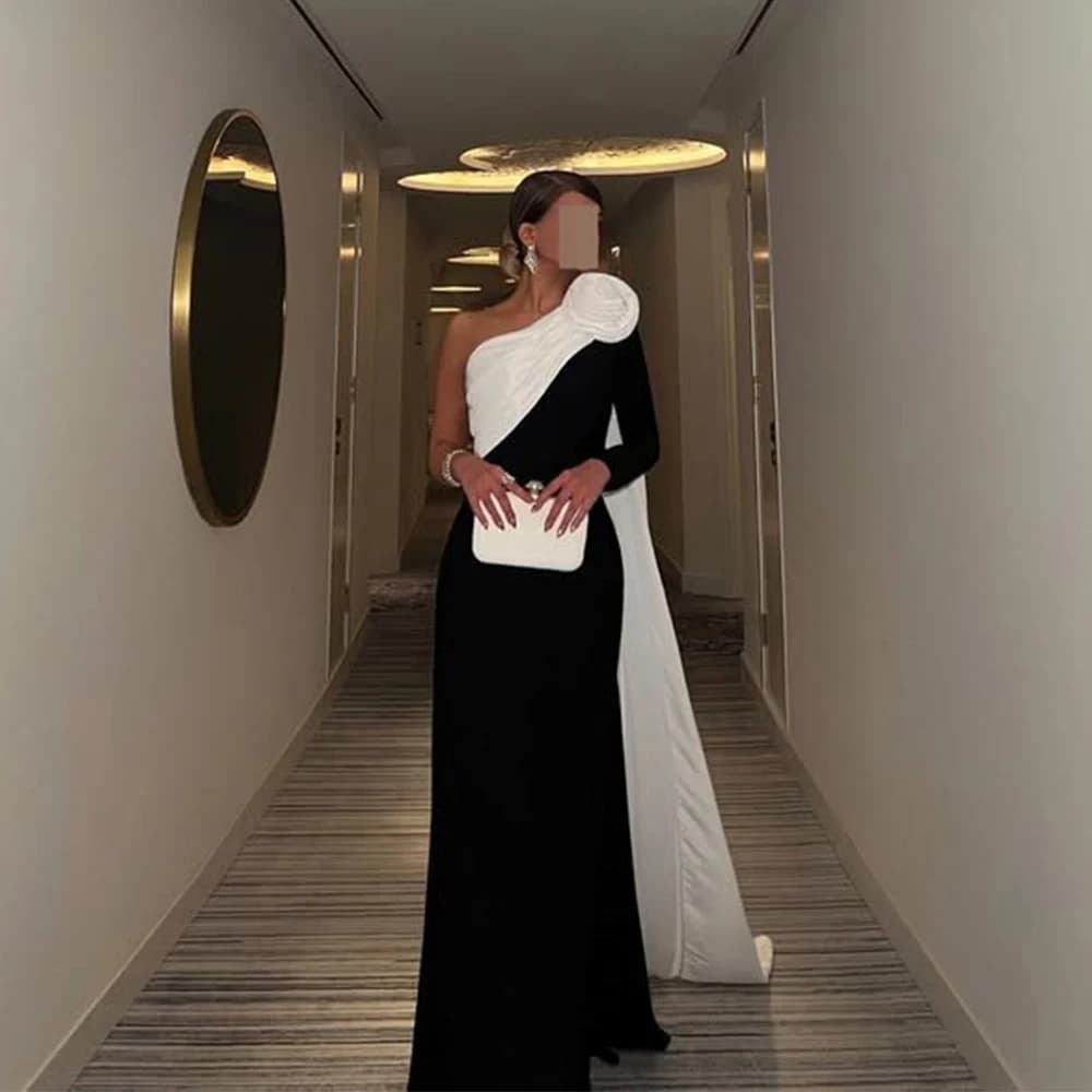Flechazo Black and White Evening Dress One Shoulder Long Sleeve Straight Floor Length Customized Women 3D Flower Party Gowns
