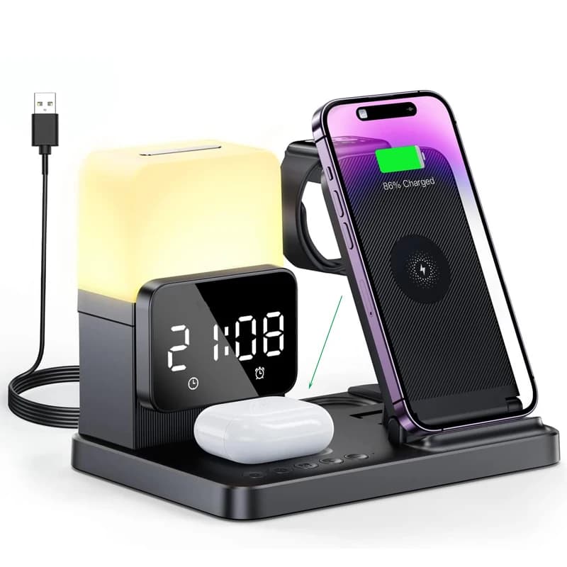 6 In 1 Foldable Lamp Wireless Charger Pad Stand Alarm Clock For IPhone 17 16 15 Pro Max Airpods Pro Fast Charging Dock Station