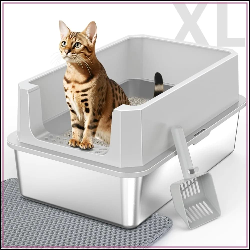 Stainless Steel Litter Box, Extra Large for Big Cats, XLarge Metal with Lid, High Sides, Anti-Urine Leakage, Easy Clean, Non-Sticky, Scoop Included
