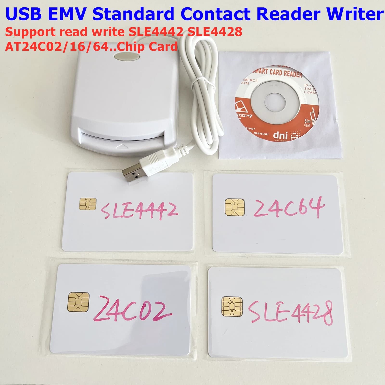ISO7816 Contact EMV SIM eID Smart Chip Card Reader Writer Programmer per Contact Memory Chip Card + 2 pezzi di schede di prova e Kit SDK