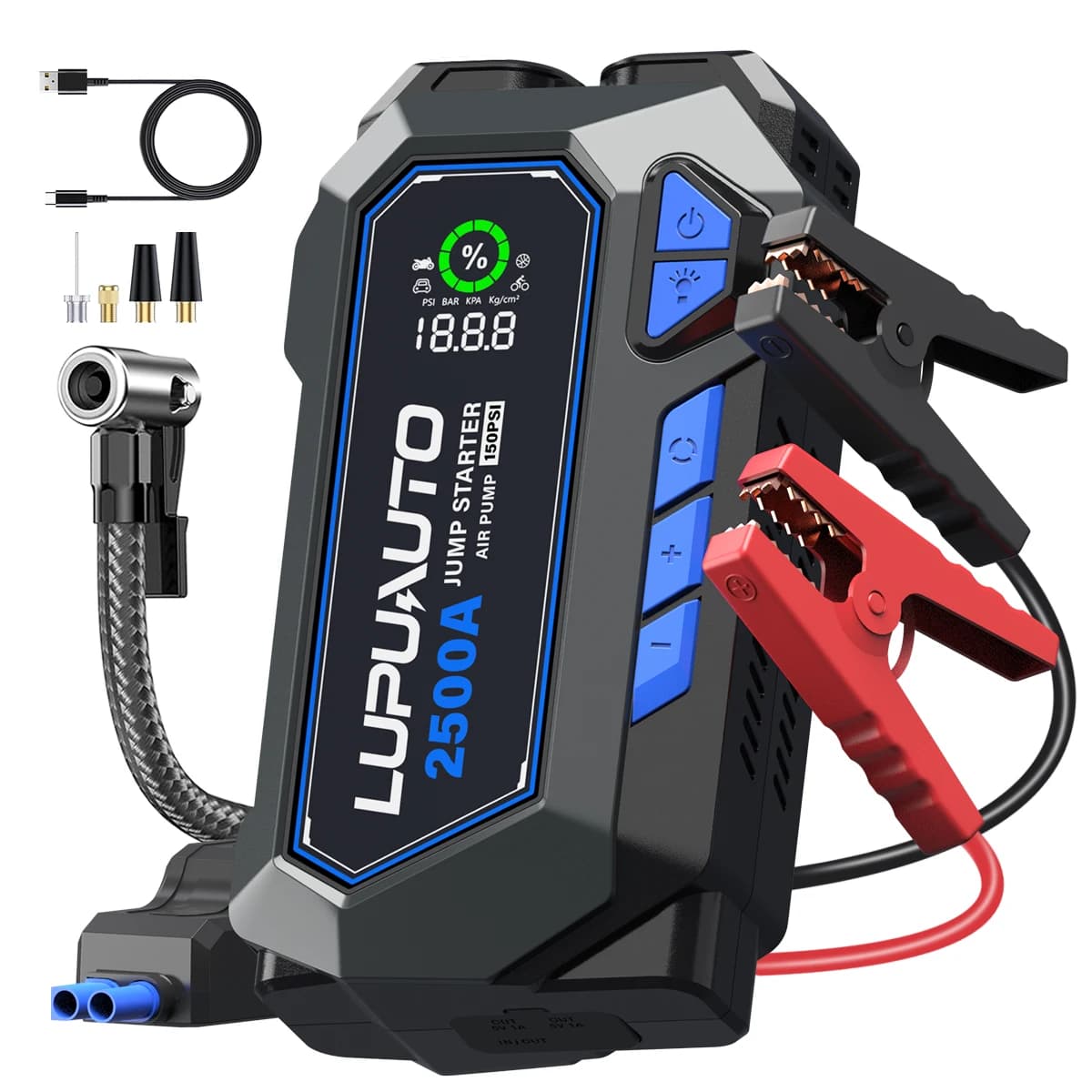 Avviatore d'Emergenza per Auto con Compressore d'Aria 150PSI, Pompa per Pneumatici 2500A, Power Bank Portatile, Gonfiatore Pneumatici, Illuminazione (7.0 Benzina/5.0L Diesel)