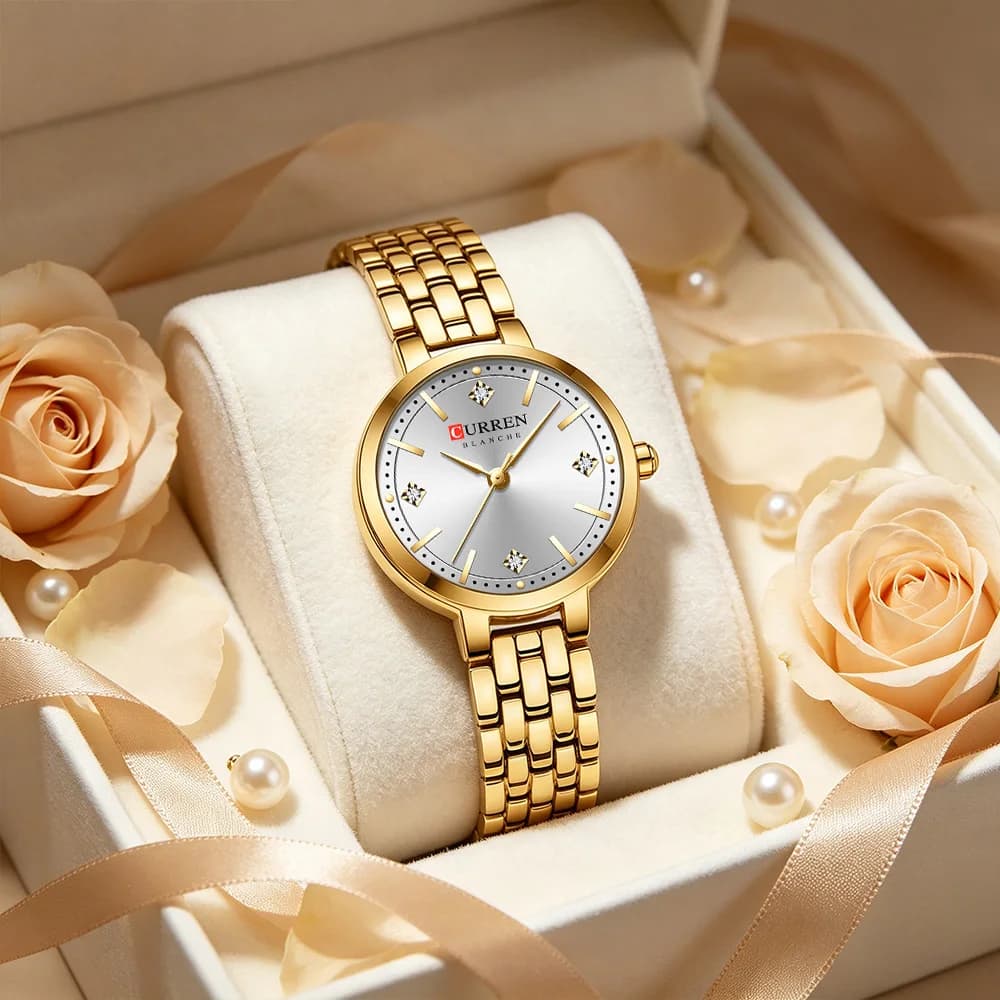 CURREN Ladies Minimalist Thin Wristwatch with Sparkling Rhinestones Scale Luxury Dress Quartz Watch Gift For Her