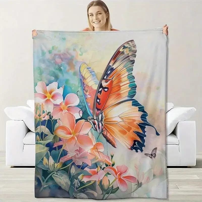Vibrant Butterfly and Flower Design Flannel printed blanket suitable for all seasons suitable for living room office sofa travel