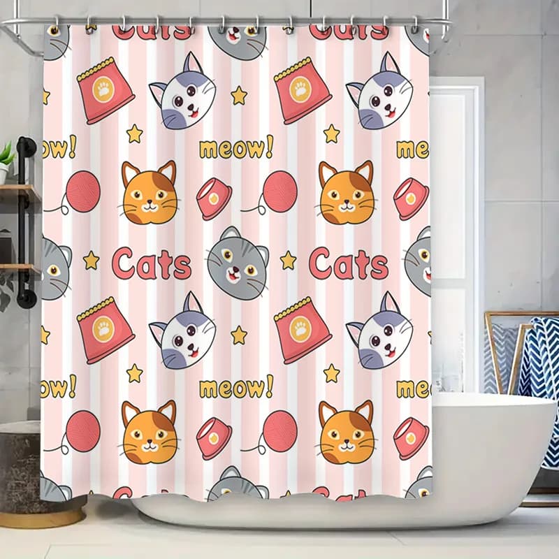 Cute Cat Print Shower Curtain Pink Striped Water Drop Resistant Bathroom Decor with Meow! Words Red Cup Yellow Stars One Size(18