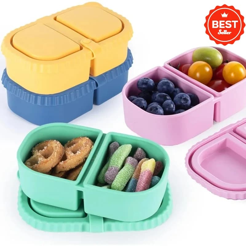 Reusable Silicone Snack Containers with Lids, Mini Containers 2 Compartments, Portable Food Storage Box for Picnic