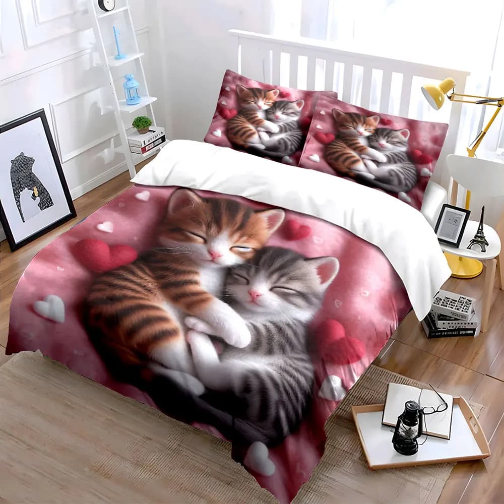 Set di Biancheria da Letto con Motivo di Gattini Carini, 3 Pezzi, Stampa Cuori Rosa, Copripiumino e Federe Morbide per Bambini e Amanti degli Animali