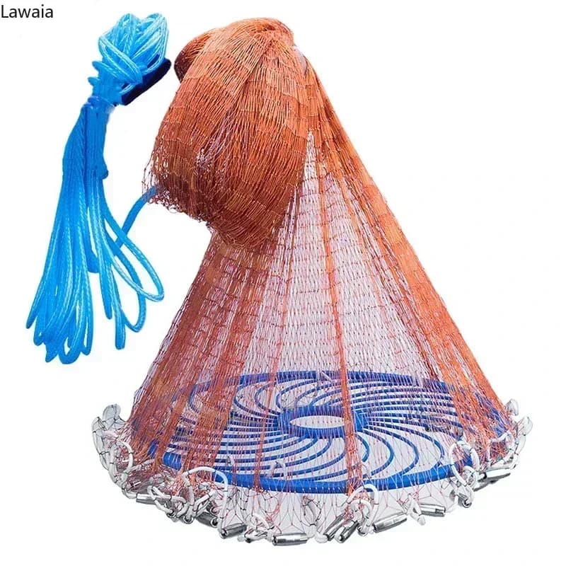 Rete da Lancio Lawaia con Cavo in Acciaio Intrecciato, Rete da Pesca a Lancio Manuale con Grande Anello in Plastica Blu, Attrezzatura per la Pesca