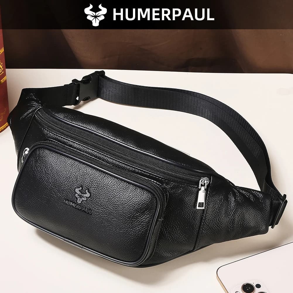 HUMERPAUL Men's Waist Fanny Pack Cowhide Classic Belt Bag Natural Leather Travel Outdoor Sling Chest Bags with Phone Pocket