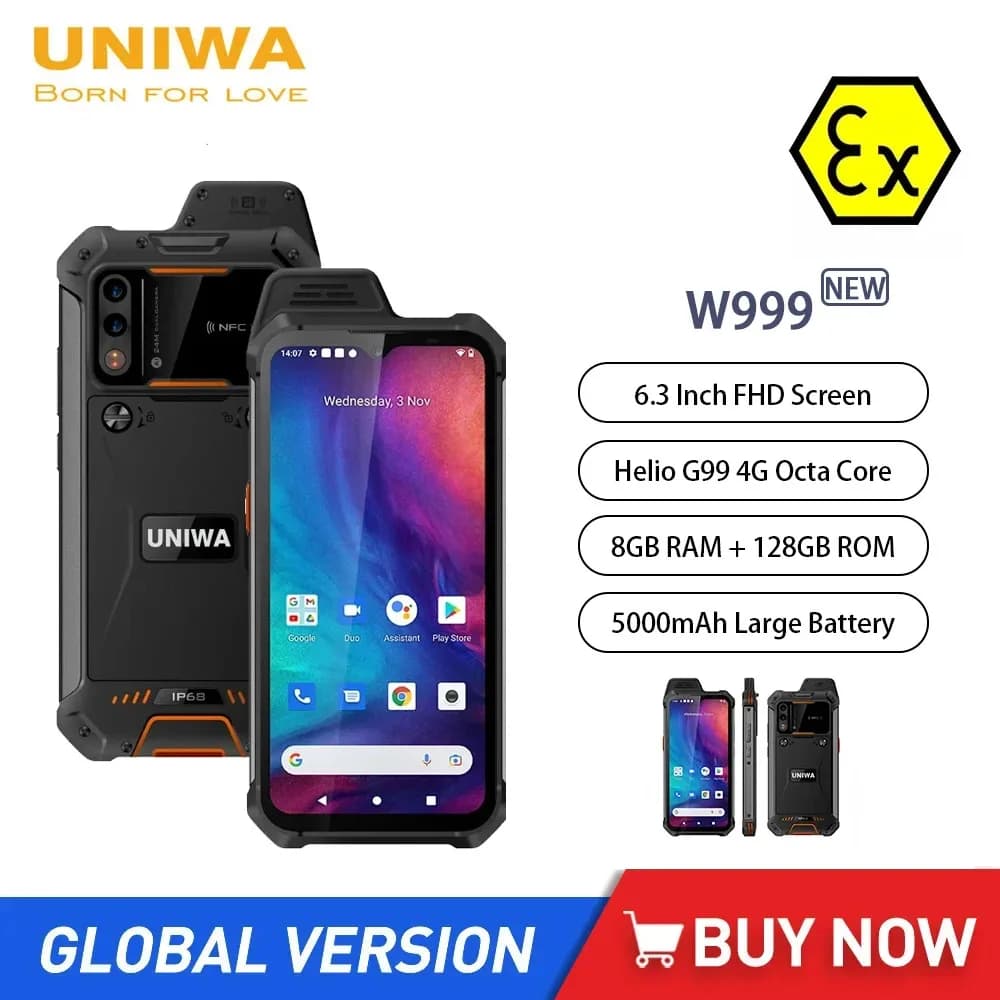 UNIWA W999 ATEX Smartphone impermeabili Walkie Talkie Helio G99 Octa Core 8 GB + 128 GB 6,3 pollici FHD 5000 mAh Andriod Telefono cellulare NFC