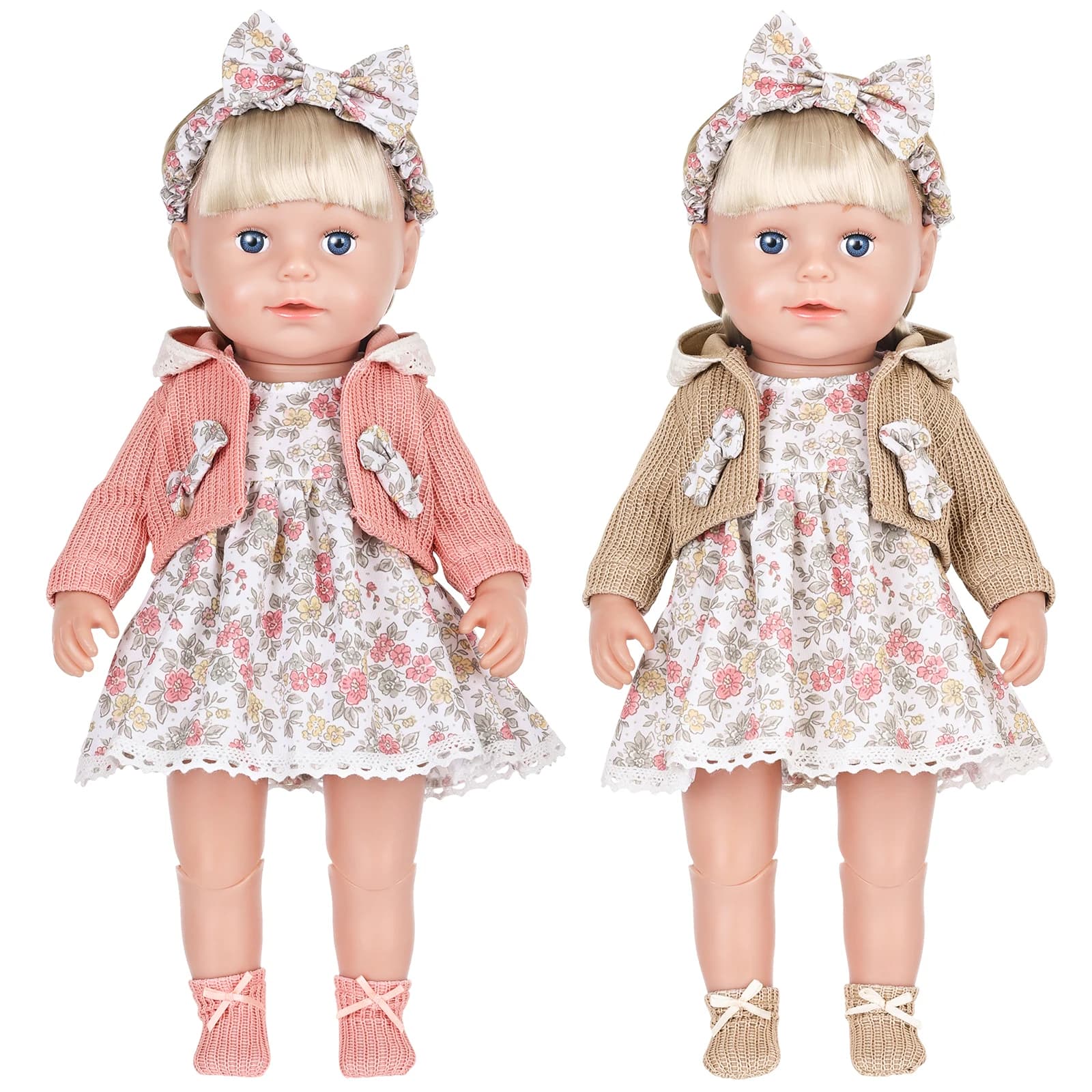 Set di Vestiti Floreali per Bambole 16-18 Pollici 40cm, Cardigan Lavorato a Maglia, Abito Floreale con Fascia per Capelli e Calzini per Bambole, Regalo per Bambine