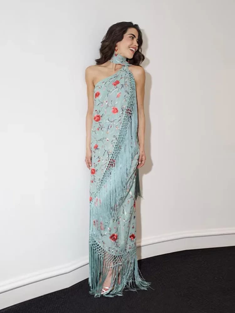Long dress printed with fashionable tassels Long dress with scarf collar with American neck Long dresses with summer fringes