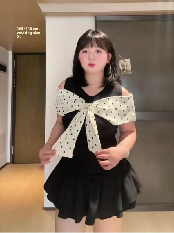 plus Size Knot Shoulder Bared Short Sleeve T Shirt Women Summer Unique Beautiful Korean Style Commute Fashion Polka...