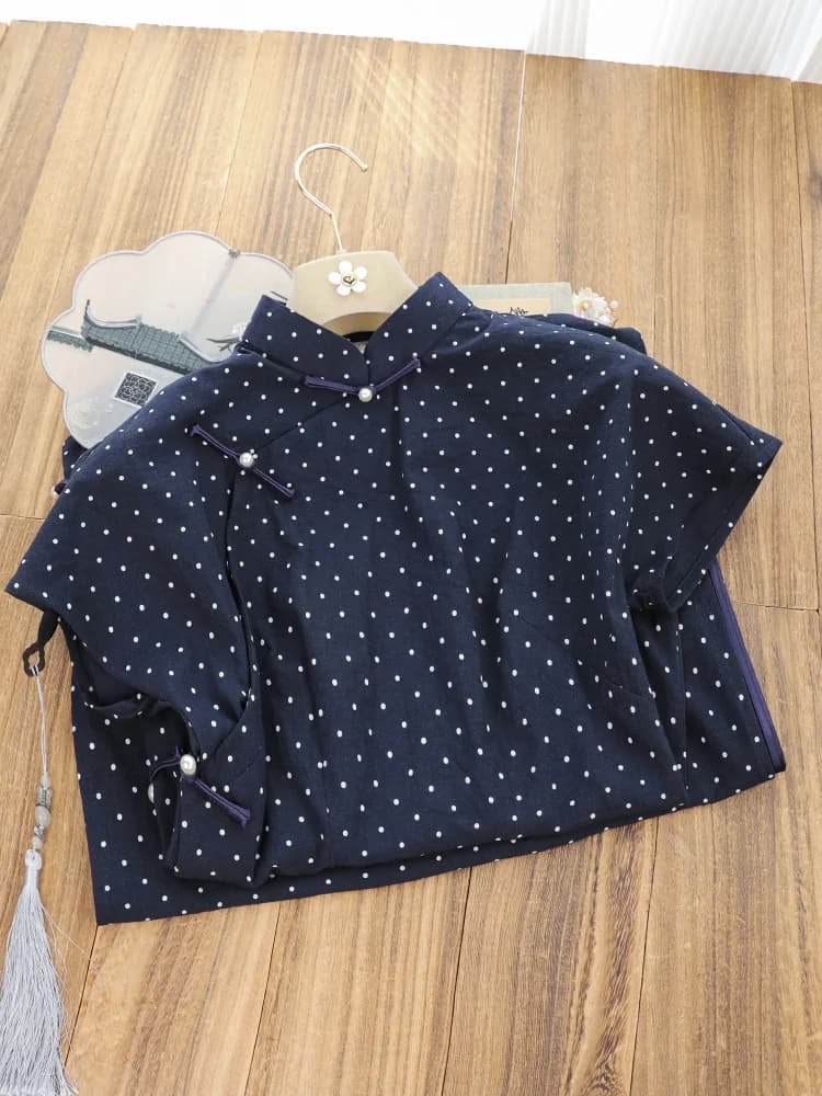 New Chinese Style Blue Qipao Women's Full Buttoned Daily Wear Breathable Long Dress Short Sleeve Retro Pattern
