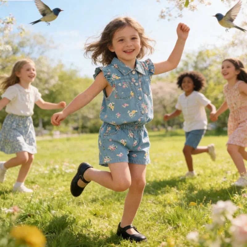 Abbigliamento per Ragazze, Moda Coreana, Completo in Denim con Stampa Floreale, Top Estivo a Maniche Corte + Pantaloncini, Tuta da Vacanza per Ragazze