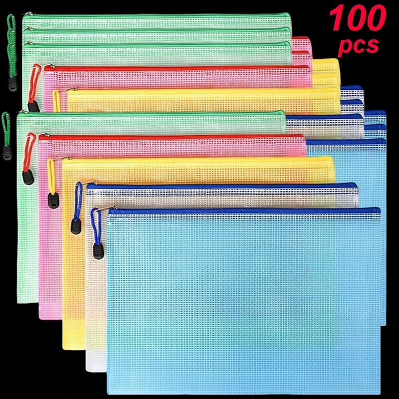 5-100PCS Cartella di archiviazione di cancelleria File Custodia con cerniera in rete A4/A5/A6 Borsa per documenti Cartelle di file con cerniera Organizzatore di documenti Scrivania di carta