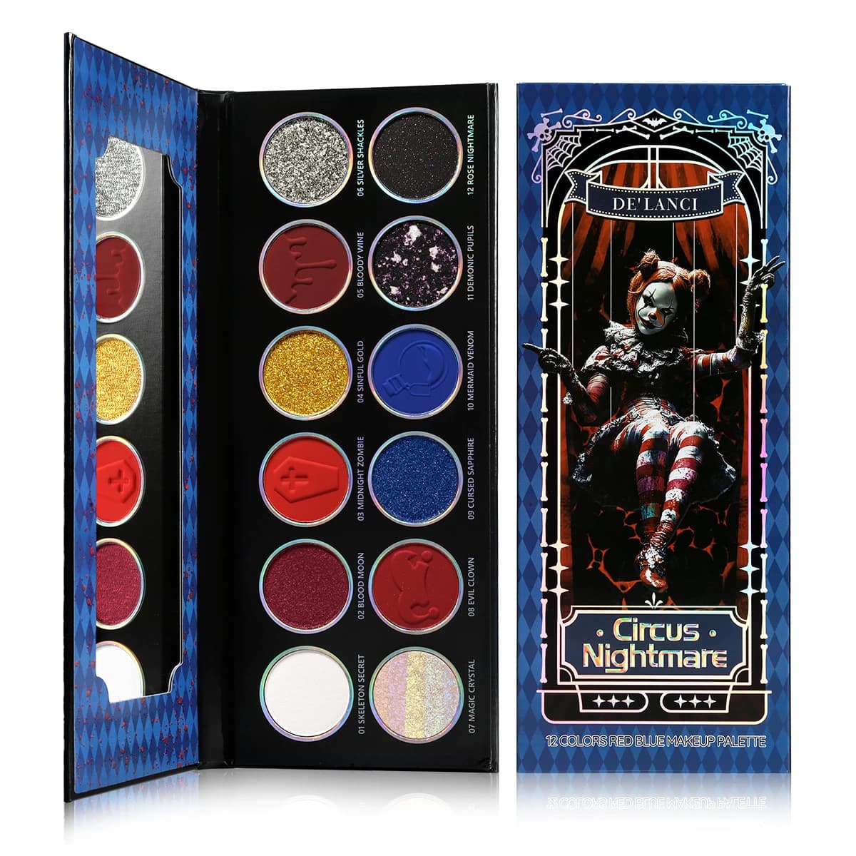 Blue Red Multichromatic Shades Palettes, High-Piece Metallic Silver Shiny Shades for Gothic Make-up, Clown/joker Smoky