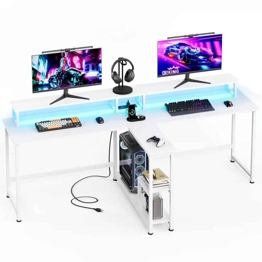 Scrivania da Gaming per Due Persone, Scrivania Lunga per Computer con Stazione di Ricarica e Luci LED, Scrivania Doppia con Supporto per Monitor e