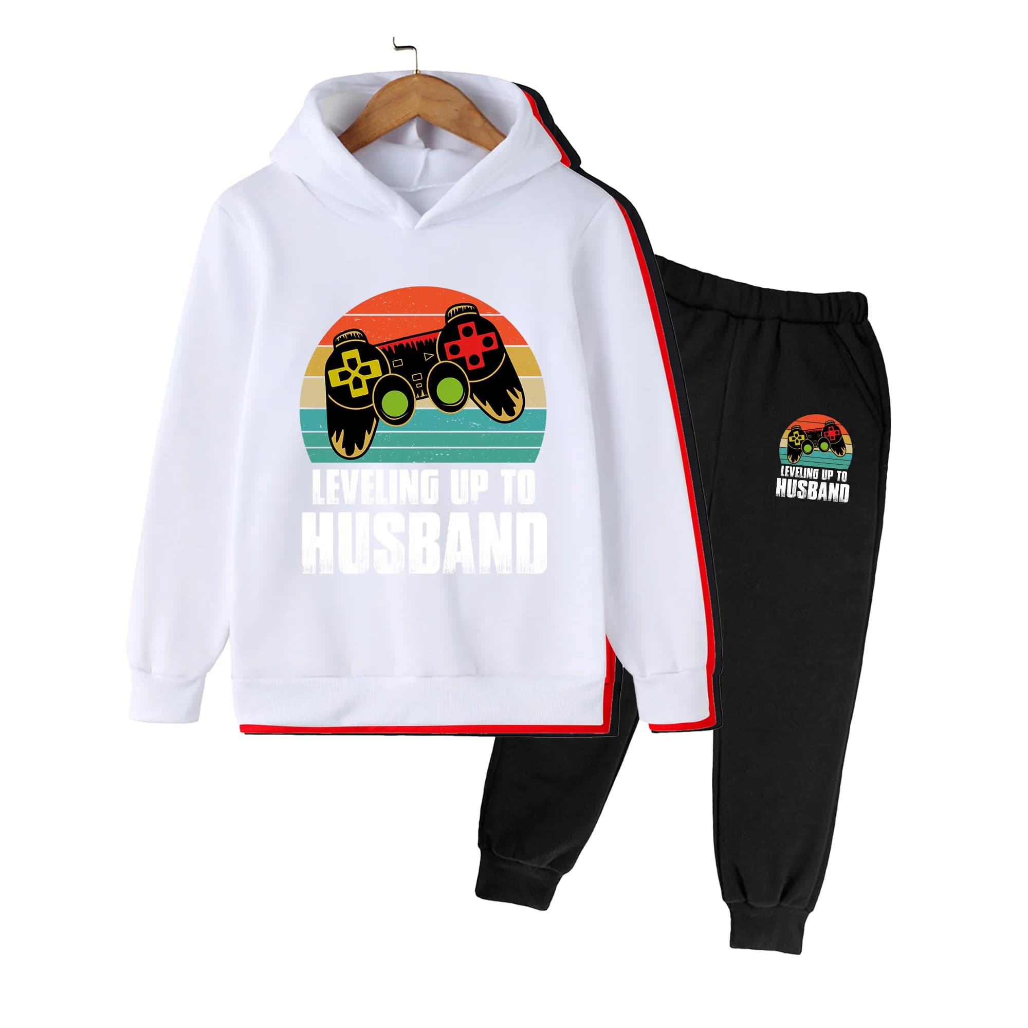 Kids Hoodie & Sweatpants Set, Retro Gamepad Print Pullover Tracksuit for Boys Girls, Casual Daily Wear