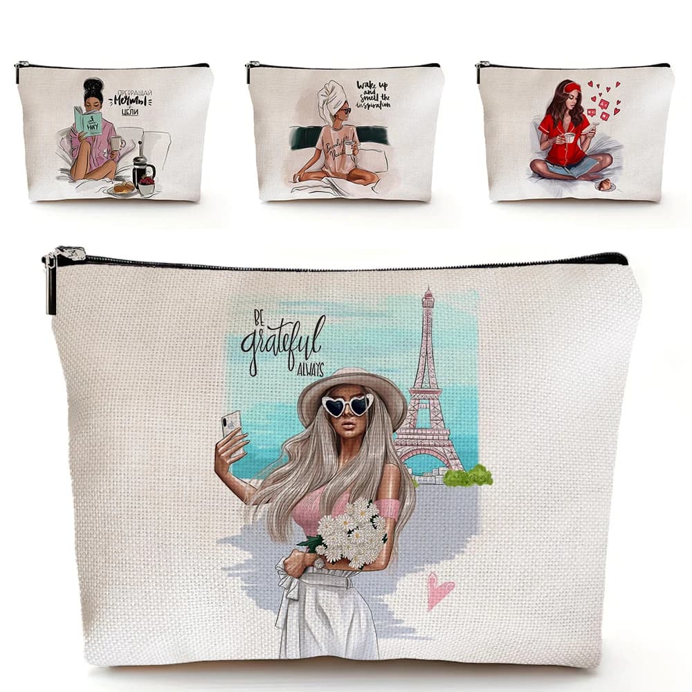 Borsa per il trucco da donna super cartoon alla moda Borse per cosmetici in lino con doppia stampa Borsa da viaggio per articoli da toeletta Borsa da donna
