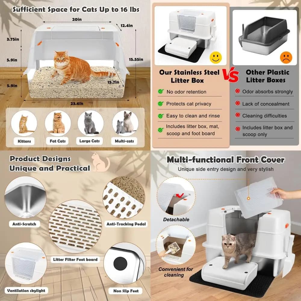 Lettiera Extra Large con Coperchio e Ingresso Laterale, Recinto a Bordi Alti, Vassoio Rimovibile, Paletta, Tappetino e Pedana per Gatti Grandi - Beige