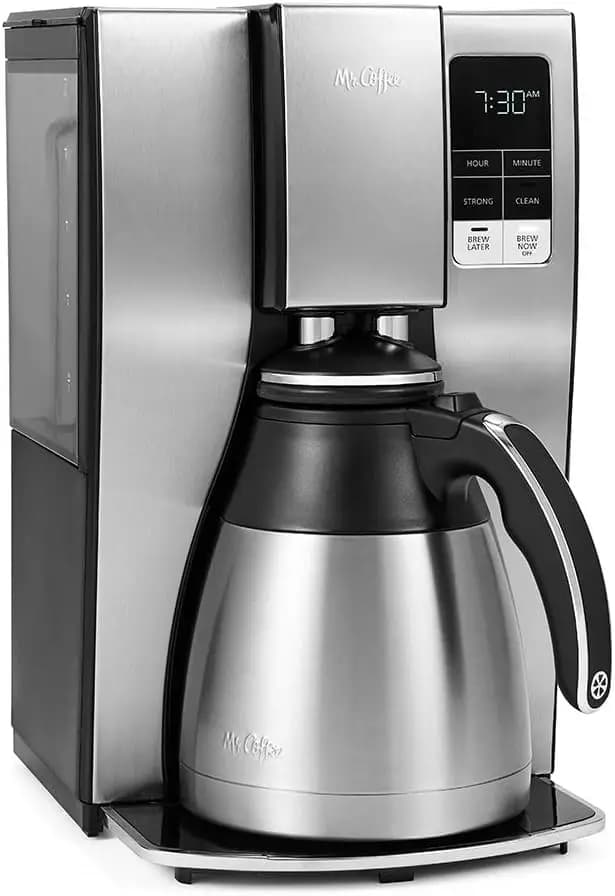 Caffettiera programmabile da 10 tazze con caraffa termica isolata, selezione della forza della birra, acciaio inossidabile