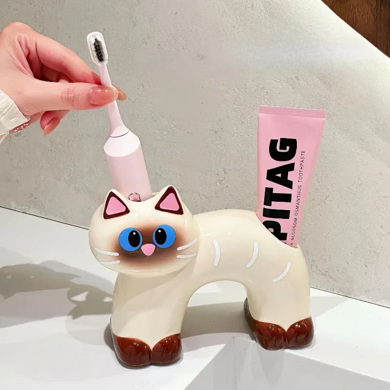 Portaspazzolino Elettrico in Ceramica a Forma di Gatto Siamese, Supporto da Appoggio per Spazzolini e Dentifricio, Organizzatore per Spazzolini
