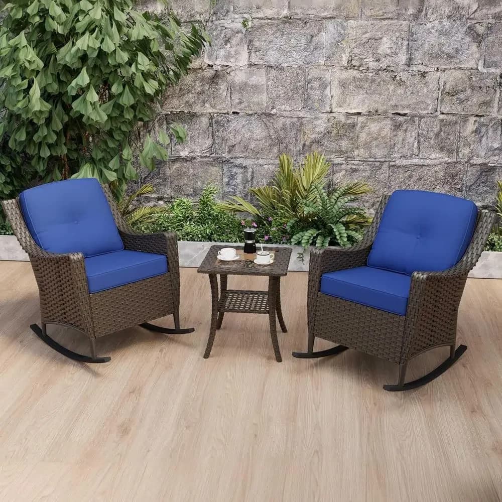 3-Piece Outdoor Patio Furniture Set: 2 High-Back Rattan Rocking Chairs with Side Table and Weatherproof Cushions