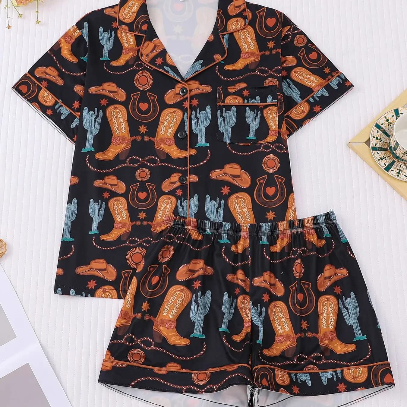Pigiama in denim stile western americano con stampa di stivali, completo due pezzi con pantaloncini a maniche corte per abbigliamento casual da casa da donna