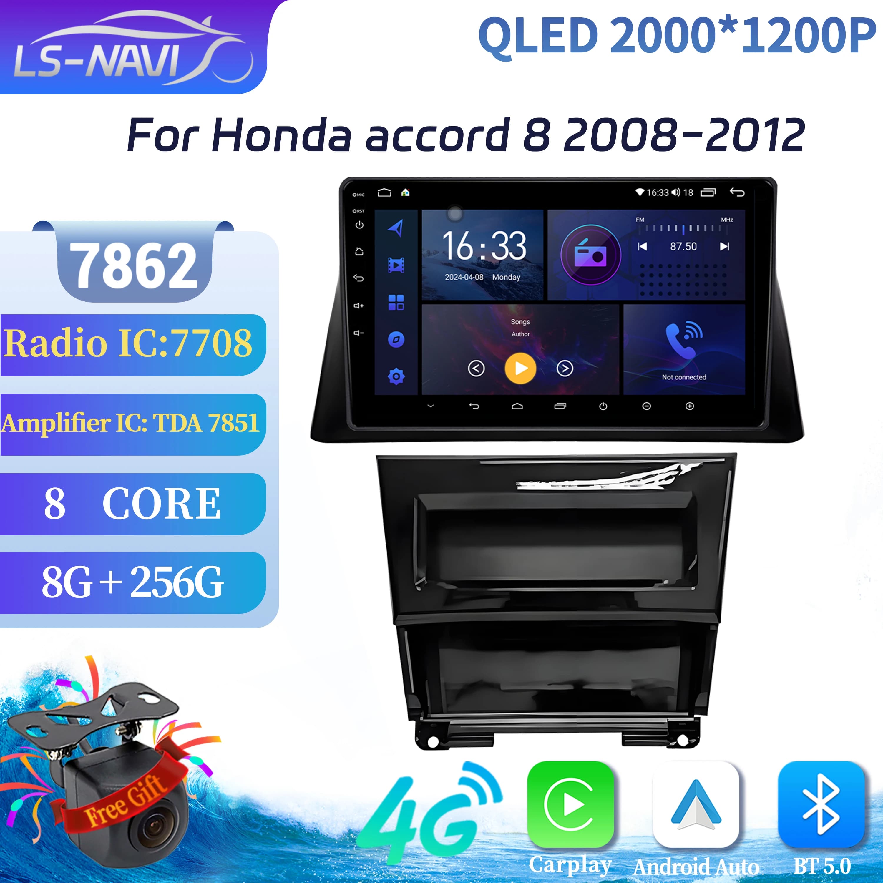 Per Honda Accord 8 2008-2012 Autoradio Multimediale di Navigazione 4G GPS Wireless Android 14 CarPlay Unità Principale Stereo 2K QLED Schermo