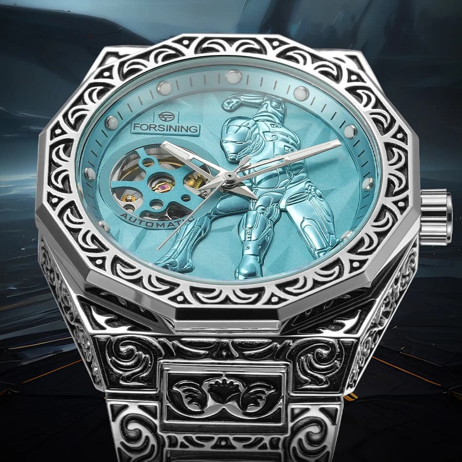 FORSINING Automatic Men Watch Skeleton Mechanical Retro Vintage Engraved Steel Strap Male Clock Luminous Dial Deployment Clasp