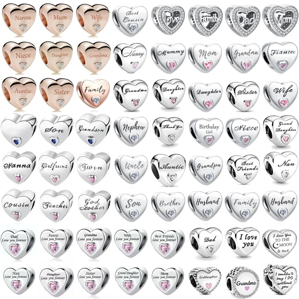 Perline in argento 925 a forma di cuore, padre, madre, figlia, figlio, sorella, moglie, braccialetto originale europeo adatto Gioielli squisiti fai da te
