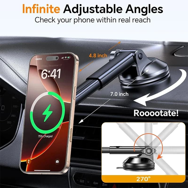 UYUXIO Cruscotto Magnetico Senza Fili Adattatore per Caricabatterie per Auto 15W Parabrezza Supporto per Telefono per Auto per iPhone 16 15 14 Pro Max 12
