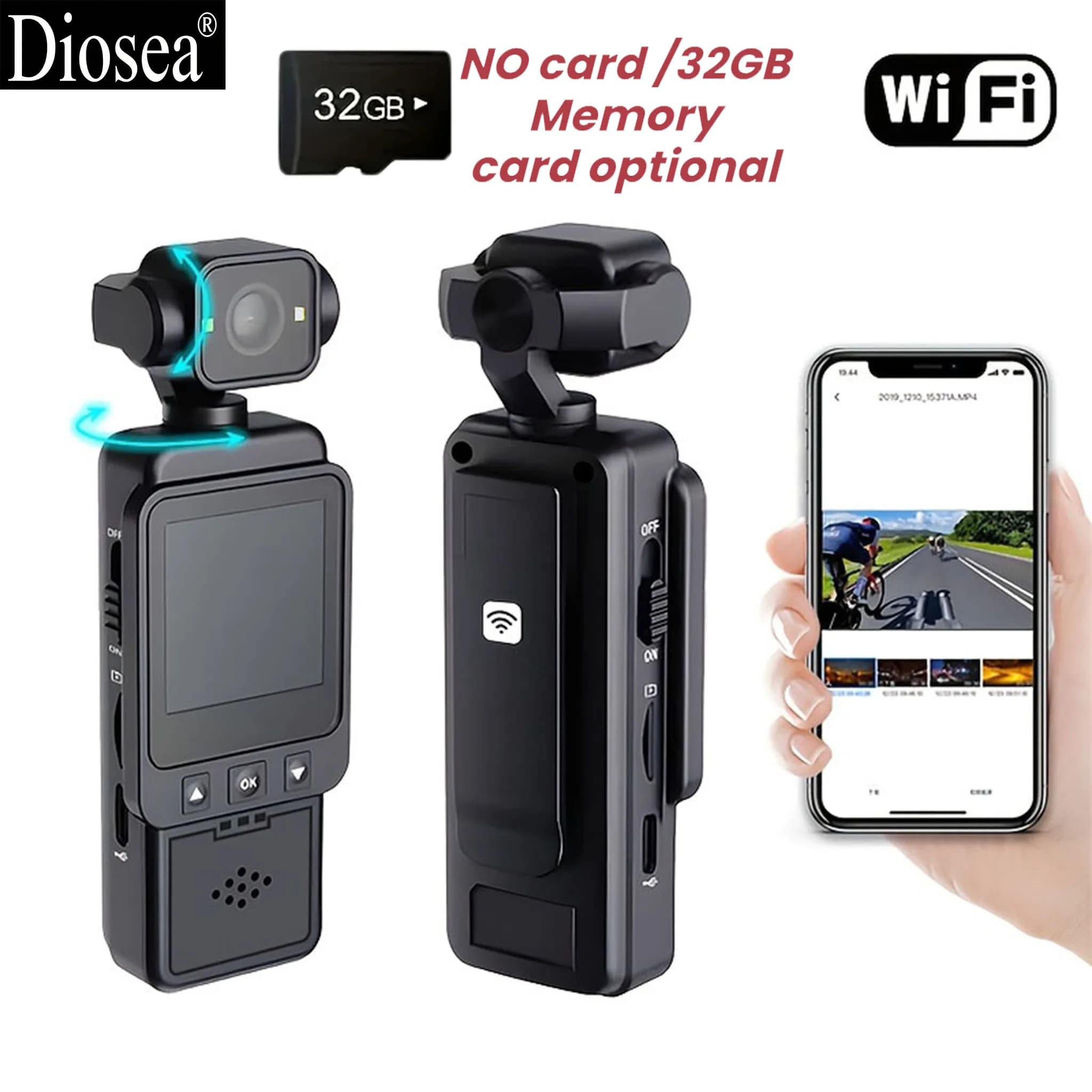 DIOSEA Videocamera Sportiva Portatile 1080P FHD, con Display da 1,54 Pollici, Lente Rotante, Batteria da 1000mAh, Ideale per Sport e Bicicletta
