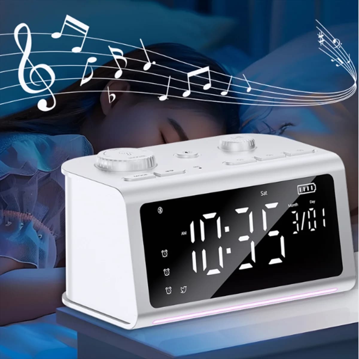 Strumento multifunzionale per il sonno con rumore bianco Sveglia Bluetooth Altoparlante Sveglia FM Luce notturna colorata Nera