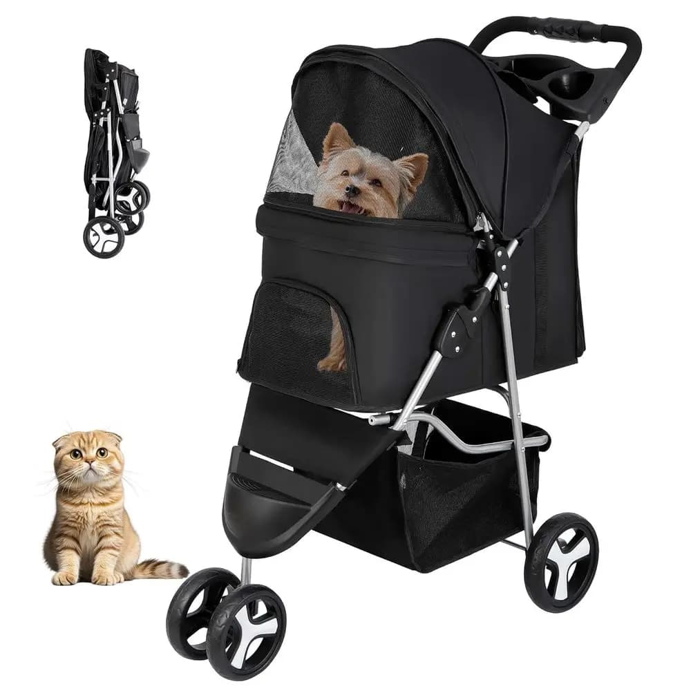 Pet Stroller, Cat/Dog Stroller with 3 Wheel, Strolling Cart, Travel Carrier with Storage Basket + Cup Holder, Black