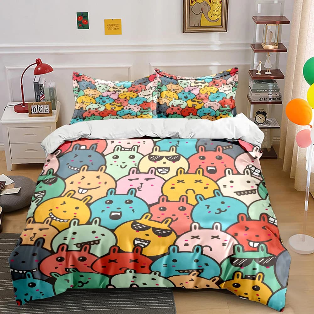 Set di biancheria da letto con stampa di emoticon divertenti e colorati, 1 copripiumino, 2 federe per adulti e bambini, regalo di lusso, dimensioni complete