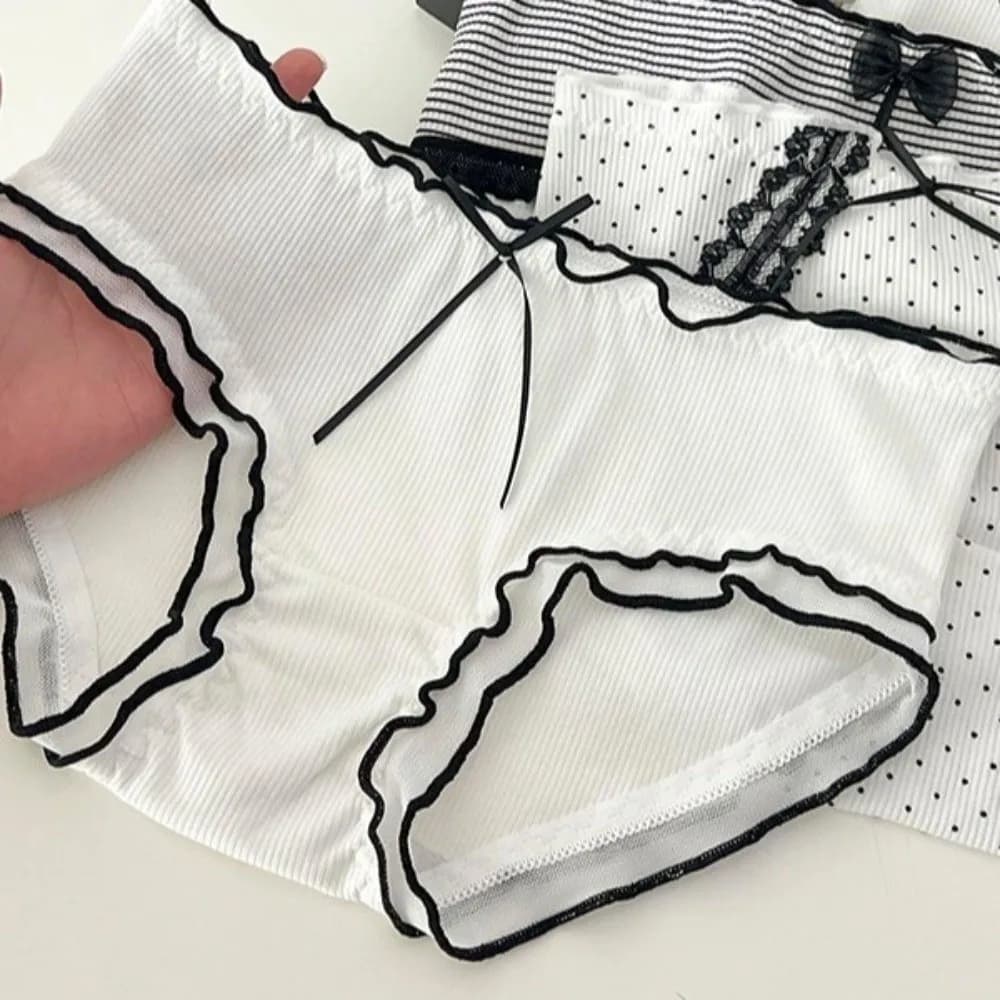 Fashion Mid-waist Underwear for Women Stripe Ruffle Sweet Cotton Panties Dots Underpants Bow Briefs Female