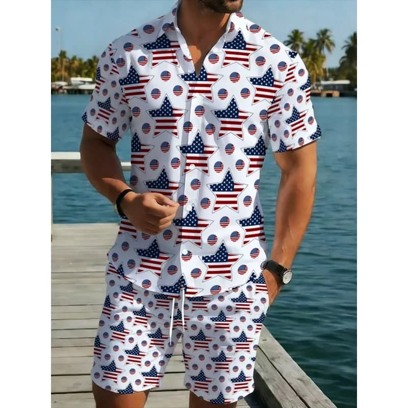 Men's Polyester Short Sleeve Shirt & Shorts Set US Flag Print Lightweight Casual Beachwear for Outdoor Sports